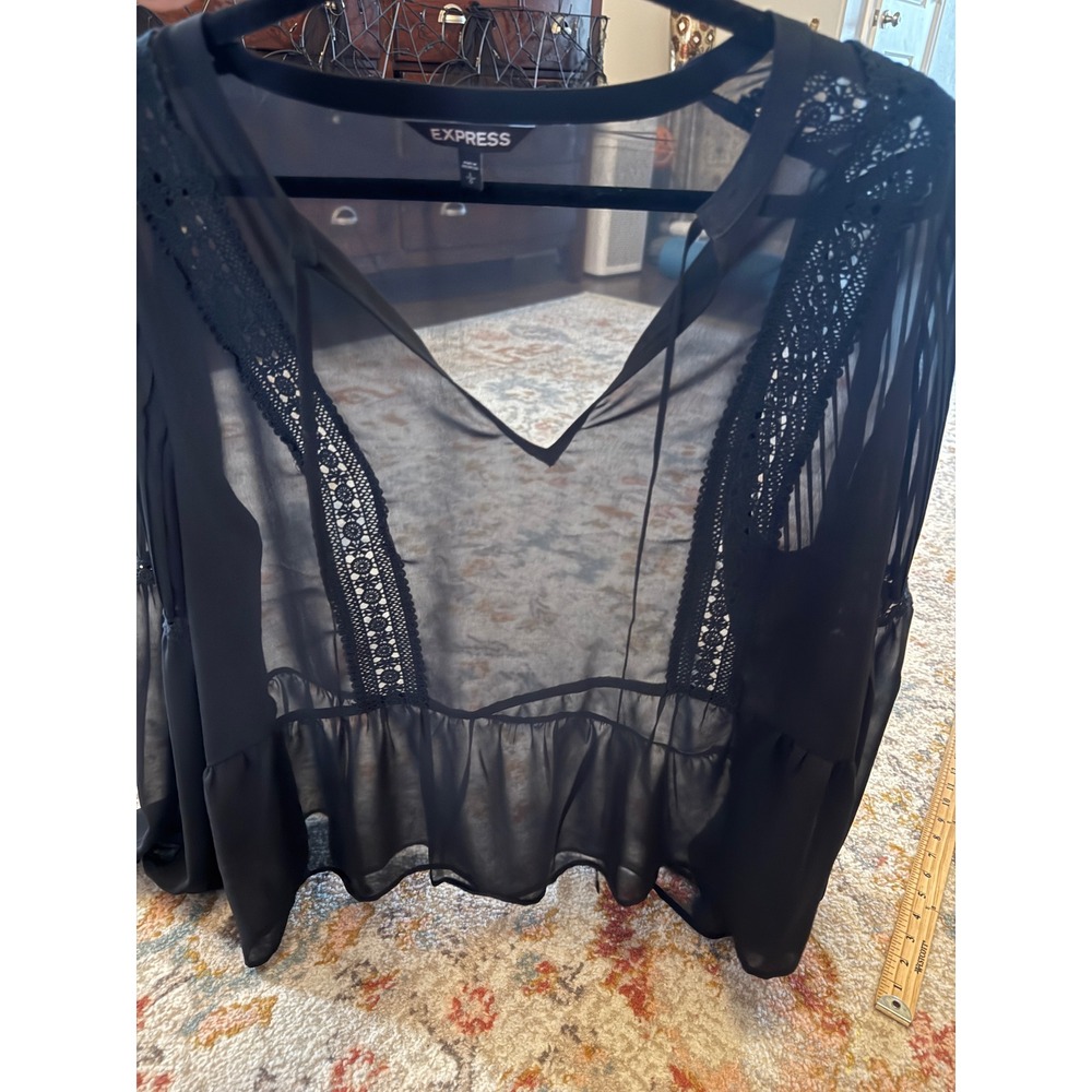Express Y2k Black Sheer Whimsigoth Lace Peplum Blouse Pleated Bell Sleeve Large